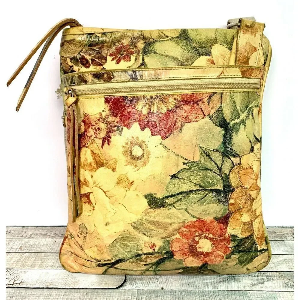 MAURIZIO TAIUTI FLOWERS MULTICOLOR GENUINE LEATHER X-BODY MESSENGER SHOULDER BAG